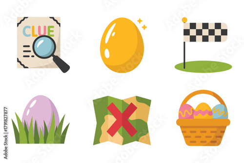 Detailed flat vector icons for games, showing clue, map, flag, representing easter egg hunt and spring celebration,