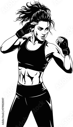 Dynamic female boxer striking pose black and white vector illustration. EPS version.