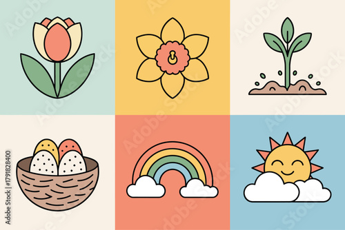 Flat color icons for season, illustrating daffodil, rainbow, nest, representing growth, nature, and new life,