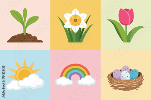 Detailed flat vector icons for season, showing seedling, daffodil, nest, representing growth, nature, and new life,