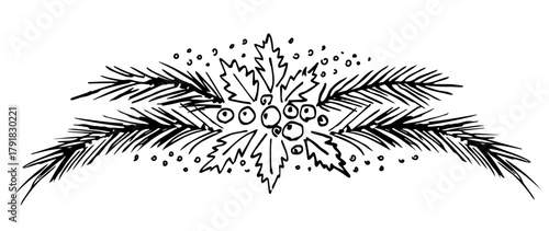 Christmas garland of pine branches, holly berries, and snow. New Year's decor, pine needles, fir and spruce. Vector illustration with a black outline. Ink sketch.