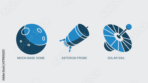 Space exploration icon set featuring a moon base dome asteroid probe and solar sail vector illustration isolated on white background