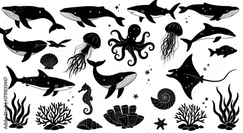 Marine life cosmic silhouette set