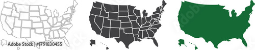 USA map outline, silhouette, and filled design showing all states and borders in gray, black, and green styles, modern vector for infographic, travel, education, geography, and presentation use.