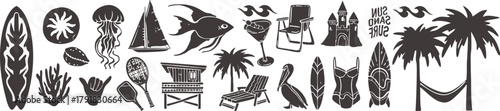 Summer beach vector icons set with palm trees, surfboards, fish, jellyfish, cocktails, hammock, lifeguard chair, umbrella, and seashells in black silhouette tropical vacation style.