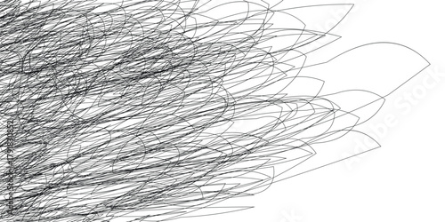 Abstract overlapping curved line pattern with random black sketch strokes on white background, chaotic scribble texture art for modern minimal, grunge, or digital design projects.