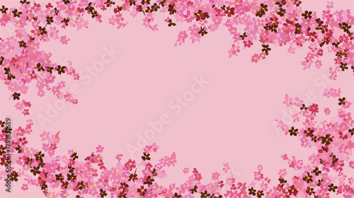 분홍색 배경에 흩날리는 벚꽃잎 테두리 장식, 봄의 아름다움을 표현하는 벡터 일러스트레이션