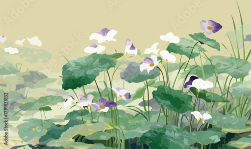 수채화 스타일의 연꽃 잎과 보라색 꽃이 있는 아름다운 동양화 풍경 벡터 일러스트레이션