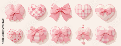사랑스러운 핑크색 하트 모양 일러스트 모음, 리본과 패턴으로 장식된 귀여운 디자인