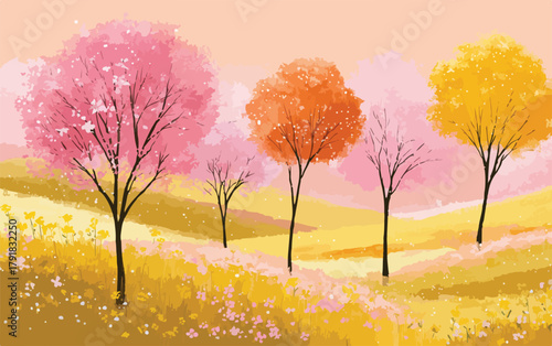 다채로운 색상의 나무와 꽃이 만발한 아름다운 풍경, 부드러운 파스텔톤의 동화 같은 배경