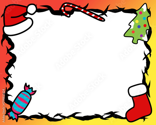 Colorful Christmas frame with candy cane, Santa hat, tree, sock, and candy decorations on a gradient red to yellow background