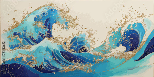 푸른 파도와 금색 물결이 어우러진 역동적인 바다 풍경 일러스트