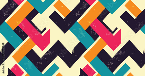 다채로운 색상의 기하학적 패턴 배경, 빈티지 질감의 추상적인 디자인 요소