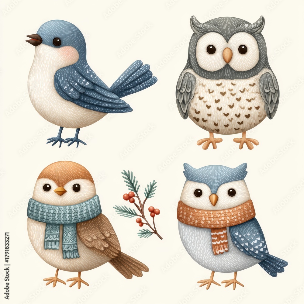 Fototapeta premium Four Adorable Watercolor Birds and Owls Wearing Scarves on a Creamy Background With Winter Berries