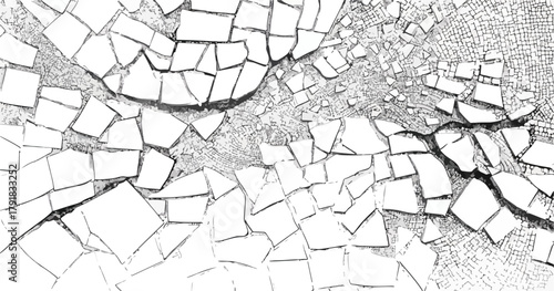 깨진 타일의 추상적인 패턴을 보여주는 흑백 벡터 아트워크, 질감과 디자인에 적합한 배경.