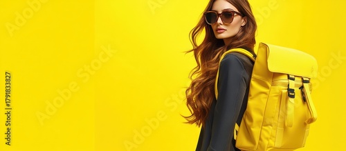 A woman with long auburn hair, sunglasses, and a yellow backpack stands against a yellow backdrop