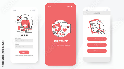 Pink Design Mobile Medical Login App UI with Character Illustration