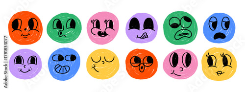 Cartoon emoji faces in crayon doodle style. Hand drawn emoticon icons with various expressions.