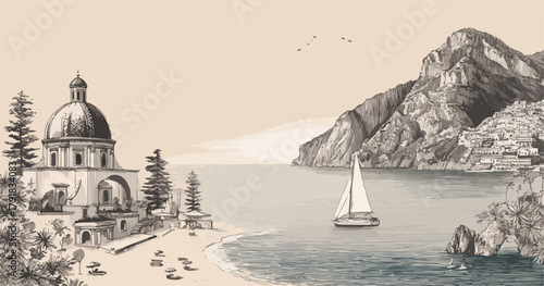 아름다운 해안 마을의 고풍스러운 건축물과 푸른 바다 위를 항해하는 요트의 평화로운 풍경