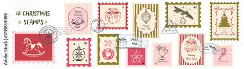 Set of whimsical Christmas stamps in sketch style. Hand drawn retro postage stamp collection.