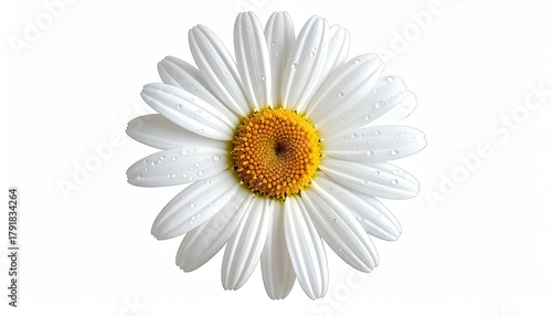 White daisy bloom, water droplets, center view on white