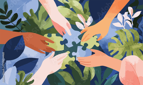 다양한 손들이 모여 퍼즐 조각을 맞추며 협력하는 모습, 자연 속 연대와 통합 상징