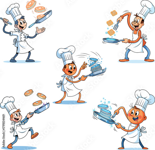 Chef character icon set cooking and flipping food in cartoon kitchen style