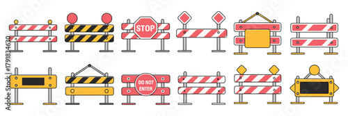 Road Closure and Safety Sign Icon Set – Flat Vector Road Dividers, Repair Signs, Pedestrian Barriers, Traffic Blocks, and Construction Warning Symbols on Transparent Background