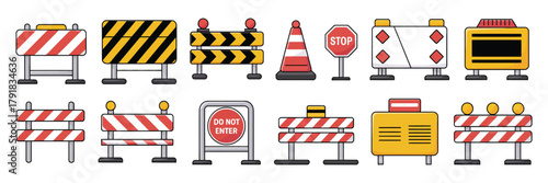 Road Closure and Safety Sign Icon Set – Flat Vector Road Dividers, Repair Signs, Pedestrian Barriers, Traffic Blocks, and Construction Warning Symbols on Transparent Background