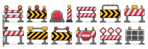 Road Closure and Safety Sign Icon Set – Flat Vector Road Dividers, Repair Signs, Pedestrian Barriers, Traffic Blocks, and Construction Warning Symbols on Transparent Background