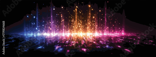 화려한 빛줄기가 쏟아지는 밤, 환상적인 도시의 풍경을 연상시키는 추상적인 아트