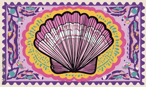 바다 조개 껍질을 중심으로 한 화려하고 예술적인 우표 디자인 벡터