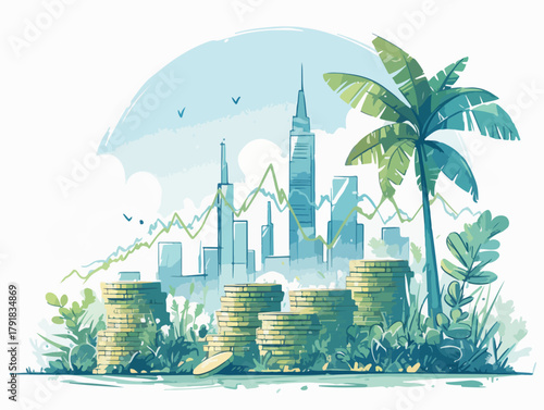 푸른 자연과 어우러진 도시 풍경 속에서 동전 더미와 상승 곡선이 번영하는 경제 성장과 성공적인 투자의 미래를 시사하는 예술적인 벡터 일러스트레이션.