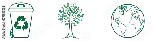 Eco-Friendly Earth Elements: A set of eco-conscious icons representing sustainability, including a recycling bin, a thriving tree, and a stylized globe symbolizing environmental stewardship.