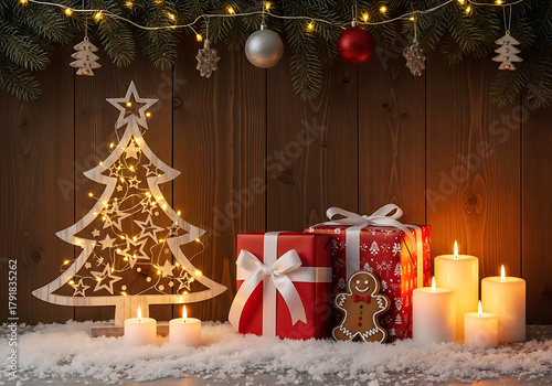 Warm, rustic Christmas scene featuring a glowing wooden tree, lit candles, and gift boxes on a snowy surface