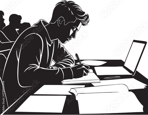 Focused student diligently taking notes and studying with a laptop in a classroom setting, illustrating the pursuit of knowledge and academic success.