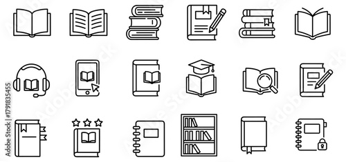 Educational Resources and Knowledge Vector Icons Collection A Visual Representation of Books Headphones Notebooks and Learning Tools Depicting Information Gathering Studying and Academic Pursuits in