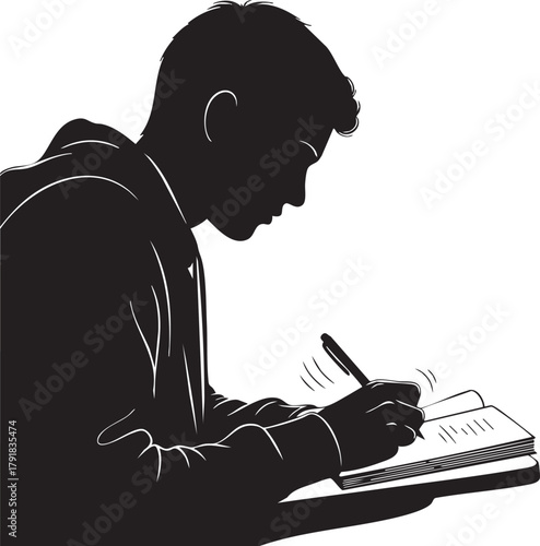 Focused Silhouette of a Young Person Engaged in Thoughtful Writing and Studying, Capturing the Essence of Learning and Personal Growth in a Minimalist Vector Illustration