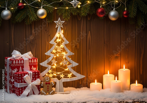 Warm, rustic Christmas scene featuring a glowing wooden tree, lit candles, and gift boxes on a snowy surface