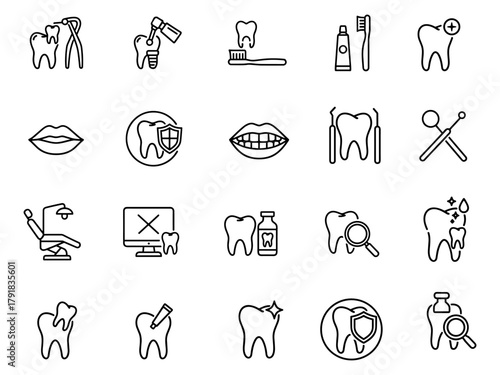 Dental Care Icons Collection Line Art Vector Illustration Featuring Tooth Extraction Tooth Implant Toothbrushing Oral Hygiene Dental Insurance Healthy Smile Teeth Whitening Mouth Anatomy Minimalist
