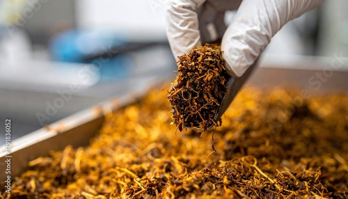Fototapeta Naklejka Na Ścianę i Meble -  Chefs Hand with Scoop Lifting Seasoned Fried Garlic from a Tray with Closeup.