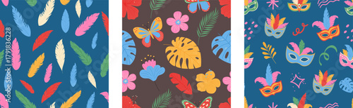 Brazilian carnival seamless pattern collection. Masquerade masks, feathers, exotic flowers and leaves.