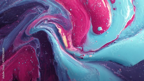 Fluid art presents dynamically rotating vortices, composed of vibrant magenta and cyan inks suspended in milk, forming smooth, organic shapes with high contrast and a dynamic effect.