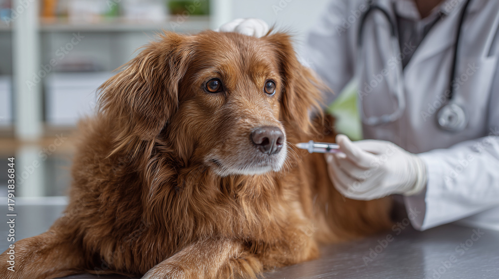Fototapeta premium Veterinarian giving a vaccination to a calm dog in a clean clinic. Professional pet healthcare concept showing animal care, trust, safety, and routine medical treatment.