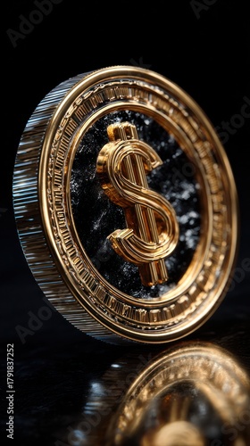 Wallpaper Mural A detailed, close-up rendering of a golden coin with a dollar sign encased in a glass-like substance Torontodigital.ca