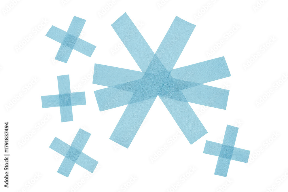 Obraz premium Blue translucent adhesive tape arranged into multiple plus signs and a central asterisk or starburst shape. Transparent background