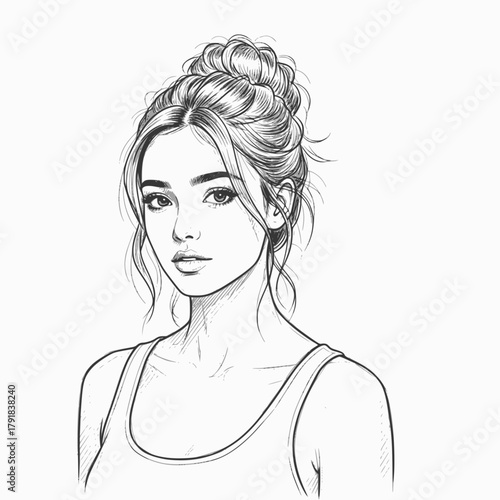 Athletic girl. Black and white line sketch portrait of a beautiful sports woman with messy hairstyle. Character design. EPS version.