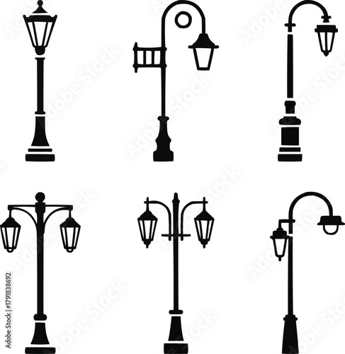Street Lamp Silhouette Icon Set  Urban Lighting and Outdoor Lamp SymbolsStreet Lamp Silhouette Icon Set  Urban Lighting and Outdoor Lamp Symbols