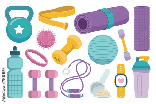 Vector illustration of assortment of fitness and exercise gear including dumbbells, kettlebell, yoga mat, and resistance band