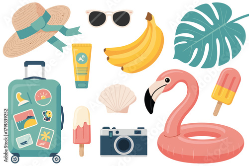 Vector illustration of summer vacation travel essentials flat lay with suitcase, flamingo float, camera, sunglasses, hat, sunscreen, banana, popsicle, and palm leaf